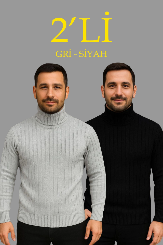 Erkek Fitilli Triko Kazak 2li Set Gri Siyah Regular Balıkcı Yaka Tam Boğazlı Triko Seti Modeli Kazak (177074)