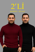 Erkek Fitilli Triko Kazak 2li Set Bordo Siyah Regular Balıkcı Yaka Tam Boğazlı Triko Seti Modeli Kazak (177075)