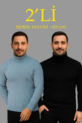 Erkek Fitilli Triko Kazak 2li Set Bebek Mavisi Siyah Regular Balıkcı Yaka Tam Boğazlı Triko Seti Modeli Kazak (177077)