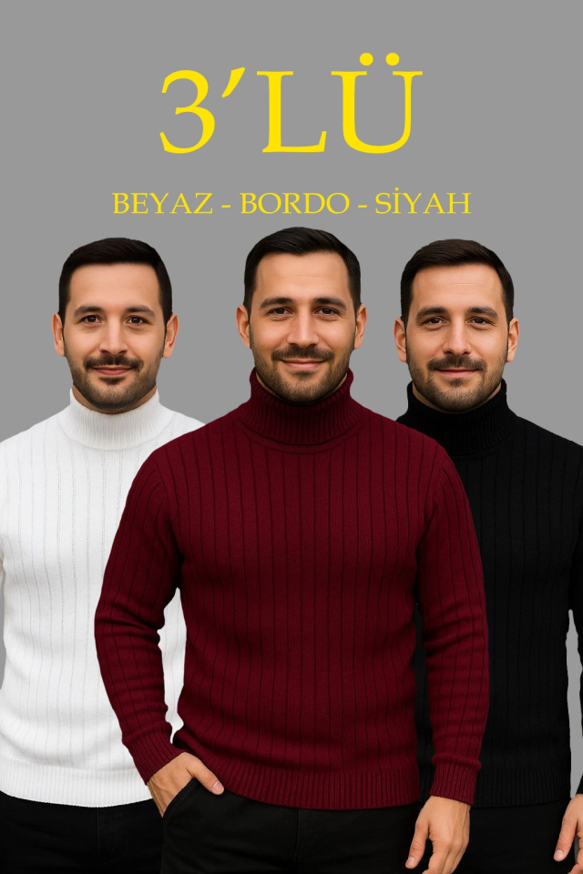 Erkek Fitilli Triko Kazak 3lÜ Set Beyaz Bordo Siyah Regular Balıkcı Yaka Tam Boğazlı Triko Seti Modeli Kazak (177079)