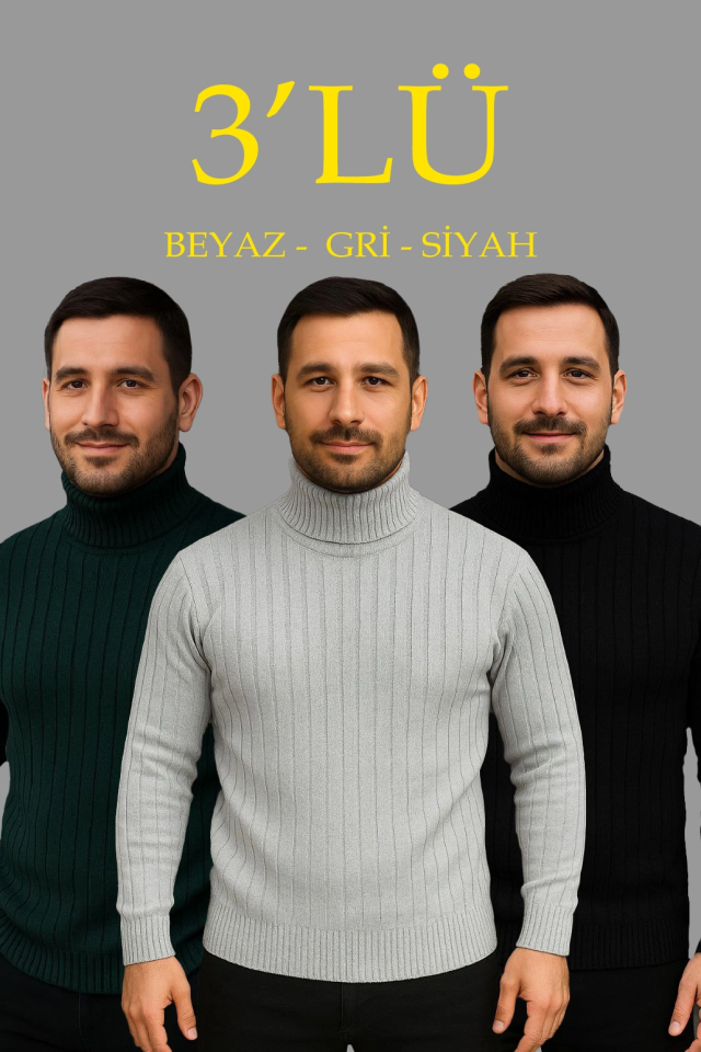 Erkek Fitilli Triko Kazak 3lÜ Set Gri Haki Siyah Regular Balıkcı Yaka Tam Boğazlı Triko Seti Modeli Kazak (177080)