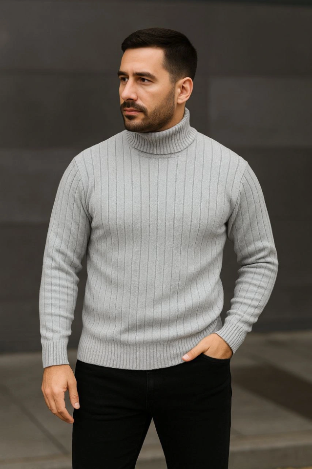 Erkek Fitilli Triko Kazak 3lÜ Set Gri Haki Siyah Regular Balıkcı Yaka Tam Boğazlı Triko Seti Modeli Kazak (177080)
