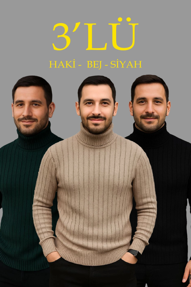 Erkek Fitilli Triko Kazak 3lÜ Set Bej Haki Siyah Regular Balıkcı Yaka Tam Boğazlı Triko Seti Modeli Kazak (177081)