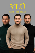 Erkek Fitilli Triko Kazak 3lÜ Set Bej Haki Siyah Regular Balıkcı Yaka Tam Boğazlı Triko Seti Modeli Kazak (177081)