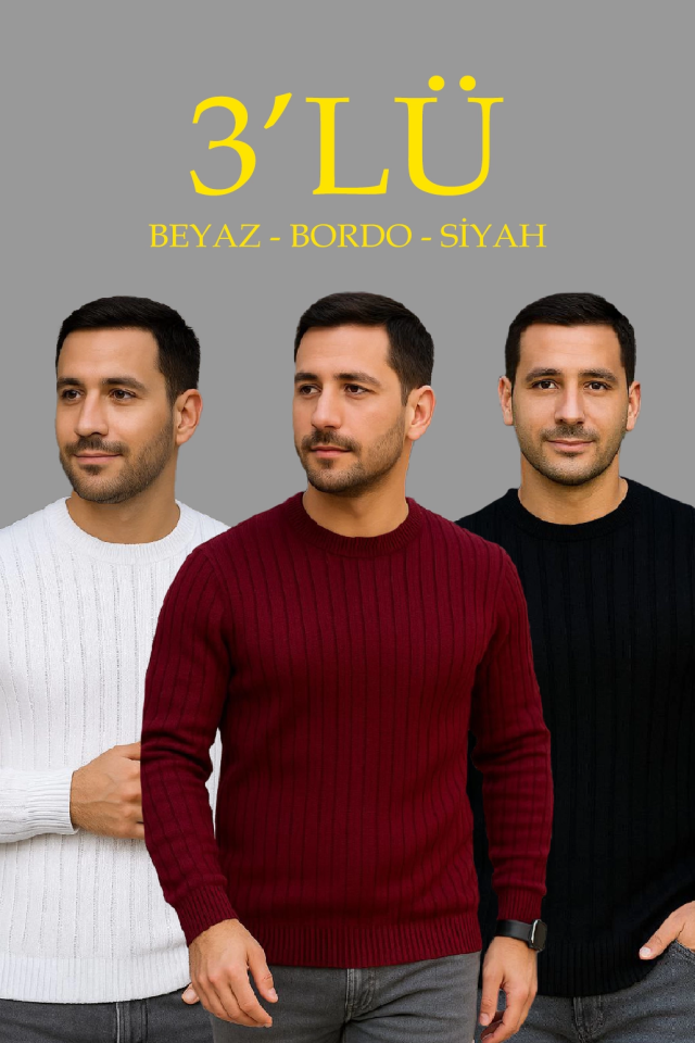 Erkek Fitilli Triko Kazak 3lü Set Beyaz Bordo Siyah Regular Fit Bisiklet Yaka Triko Seti (179307)