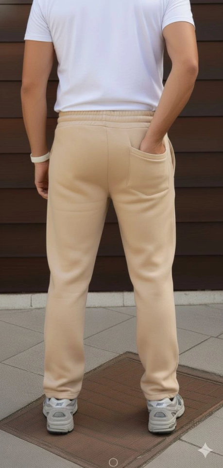 Erkek Üç Iplik Kışlık Pamuklu Ovarsize Bağcıklı Düz Paça Cepli Eşofman Altı Spor Rahat Model - Bej (179313)
