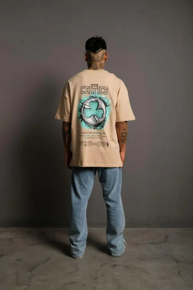 Erkek Sırt Baskılı T-shirt - Bej (179398)