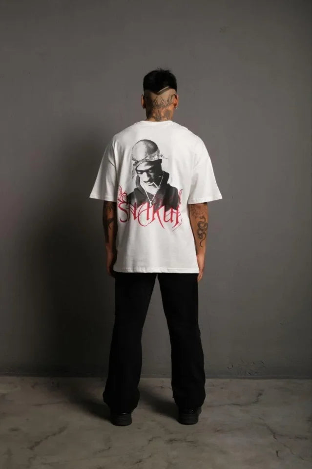Erkek Oversize Tişört – Beyaz 24/1 Penye Kumaş, Bisiklet Yaka, Ön - Arka Baskılı, Streetwear Tarzı Rahat Büyük Kalıp T-Shirt- Beyaz (179404)