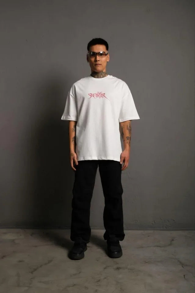 Erkek Oversize Tişört – Beyaz 24/1 Penye Kumaş, Bisiklet Yaka, Ön - Arka Baskılı, Streetwear Tarzı Rahat Büyük Kalıp T-Shirt- Beyaz (179404)