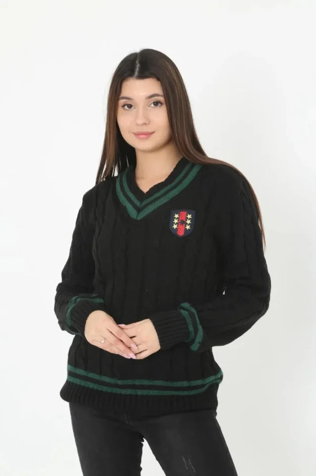 V Yaka Örgülü Kazak - Siyah (179409)