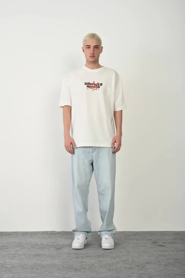 Unisex Bisiklet Yaka Baskılı Oversize T-Shirt - Beyaz (179420)