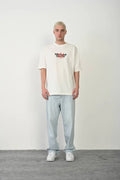 Unisex Bisiklet Yaka Baskılı Oversize T-Shirt - Beyaz (179420)