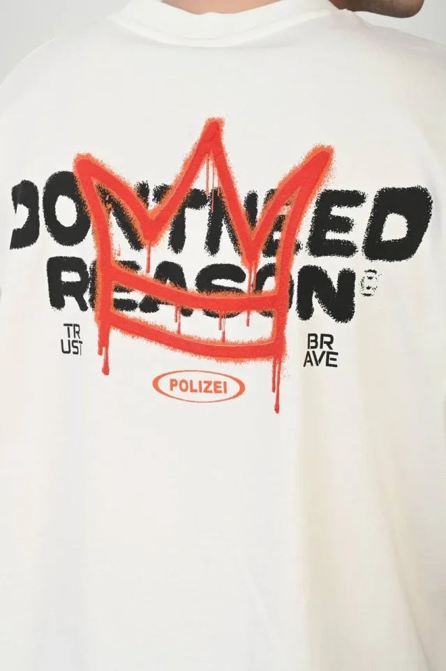 Unisex Bisiklet Yaka Baskılı Oversize T-Shirt - Beyaz (179420)