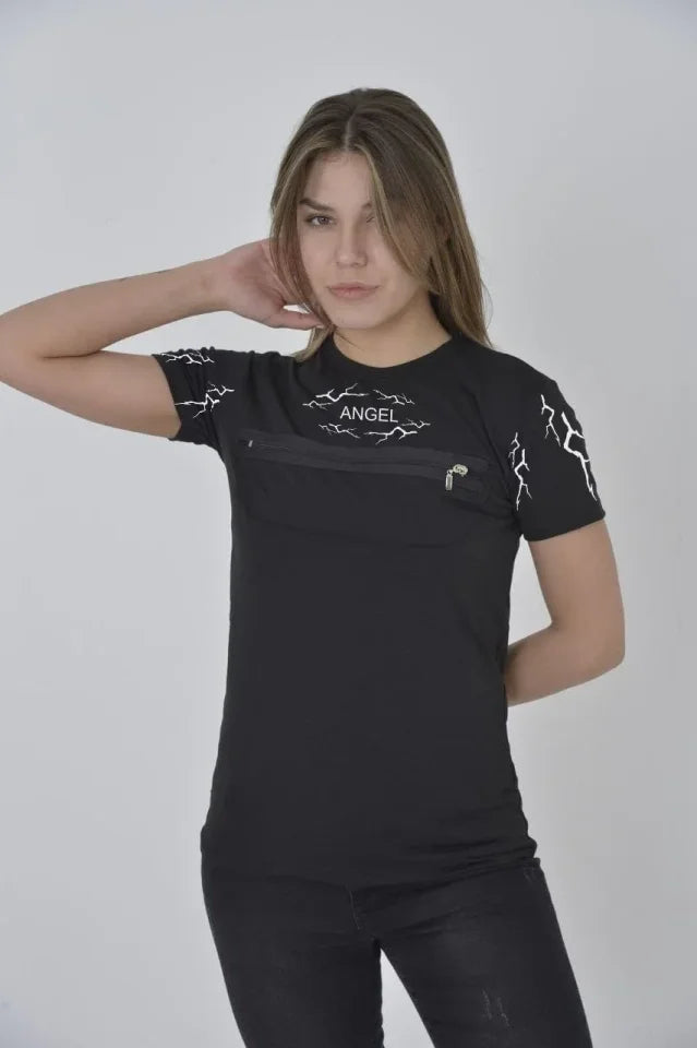 Unisex Göğüs Fermuarlı Baskılı T-Shirt - Siyah (179421)