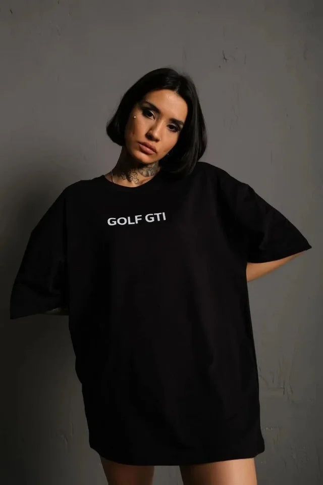 Oversize Baskılı Tişört – Golf GTI Retro Araba Desenli, Ön - Arka Dijital Baskı, Sokak Modası Stil - Siyah (179506)