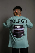 Erkek Oversize Baskılı Tişört – Golf GTI Retro Araba Desenli, Ön - Arka Dijital Baskı, Sokak Modası Stil - Mint Yeşili (179508)