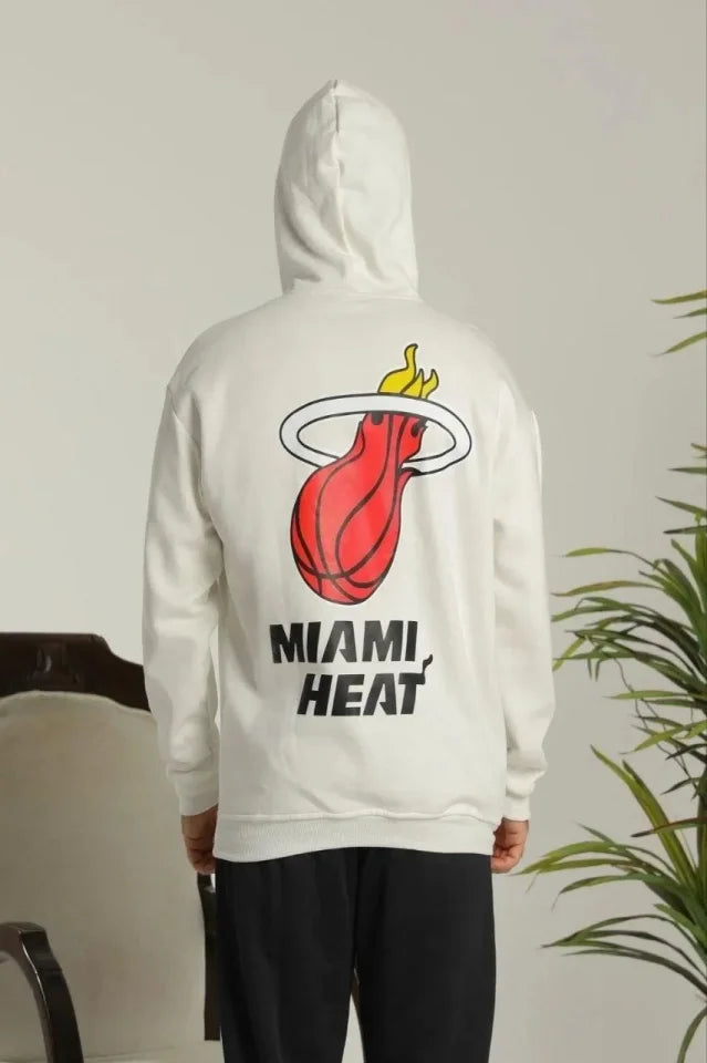 Erkek Oversize Üç İplik Kapüşonlu Sweatshirt –Sırt Ve Ön Baskılı, Kanguru Cepli, Rahat Kalıp Maskot Desenli Model - Siyah Beyaz (179521)