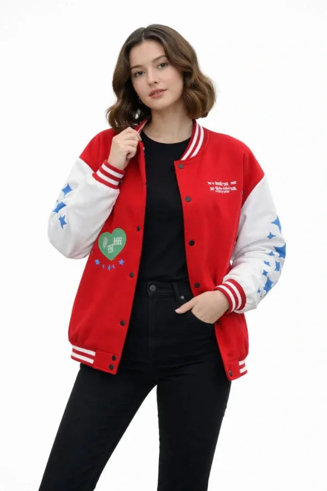 Kırmızı Varsity Çıtçıtlı Baskılı Oversize Kalıp Kolej Ceket - Kırmızı (180230)