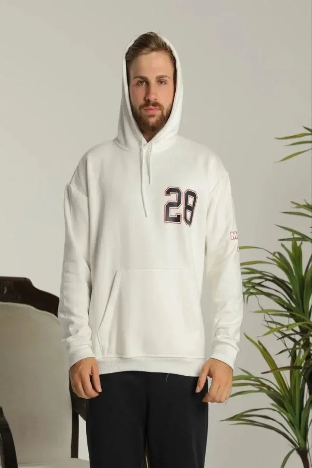 Erkek Sırt Baskılı Oversize Üç İplik Kapüşonlu Sweatshirt - Beyaz (180277)