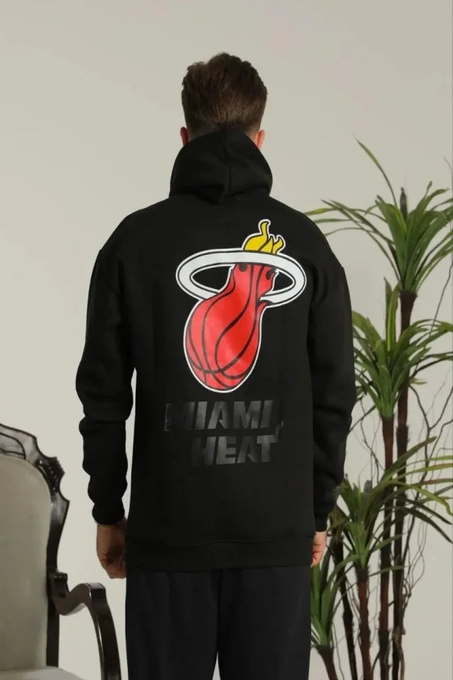 Erkek Sırt Baskılı Oversize Üç İplik Kapüşonlu Sweatshirt - Siyah (180278)