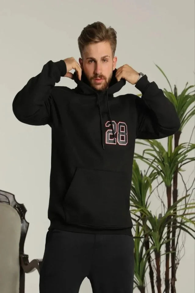 Erkek Sırt Baskılı Oversize Üç İplik Kapüşonlu Sweatshirt - Siyah (180278)