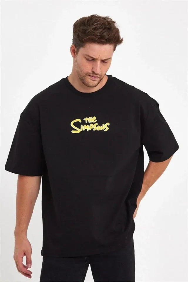Erkek Sırt Baskılı Bisiklet Yaka Oversize T-shirt - Siyah (180280)