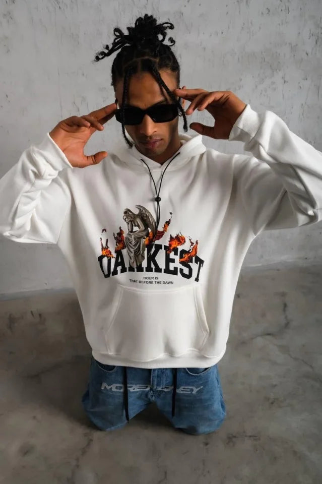 Erkek DANKES Baskılı Kapüşonlu Sweat - Beyaz (180286)