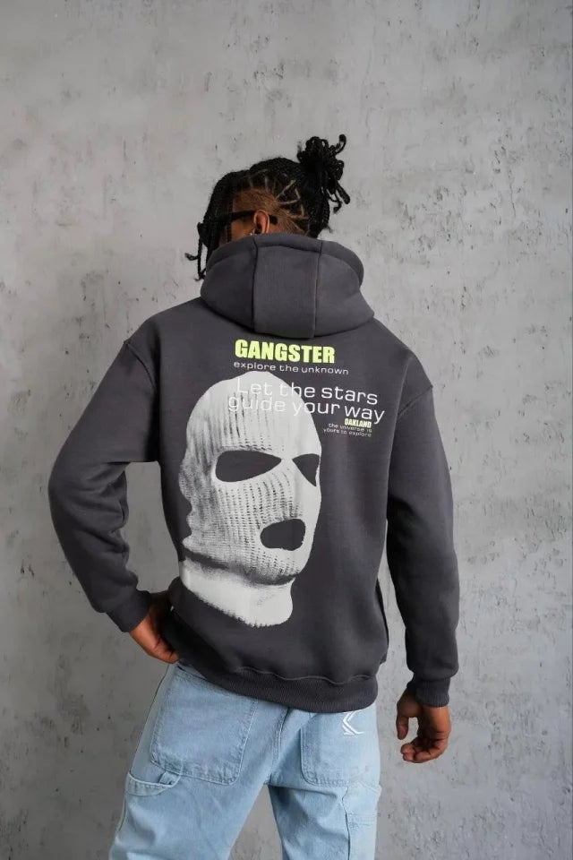 Erkek Kordonlu Maske Baskılı Kapşonlu Sweat - Gri (180299)