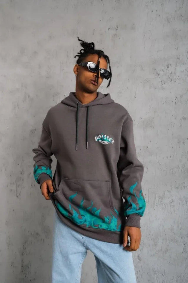 Erkek Üç İplik İçi Pamuklu Alev Baskılı Kapüşonlu Sweatshirt - Gri (180316)