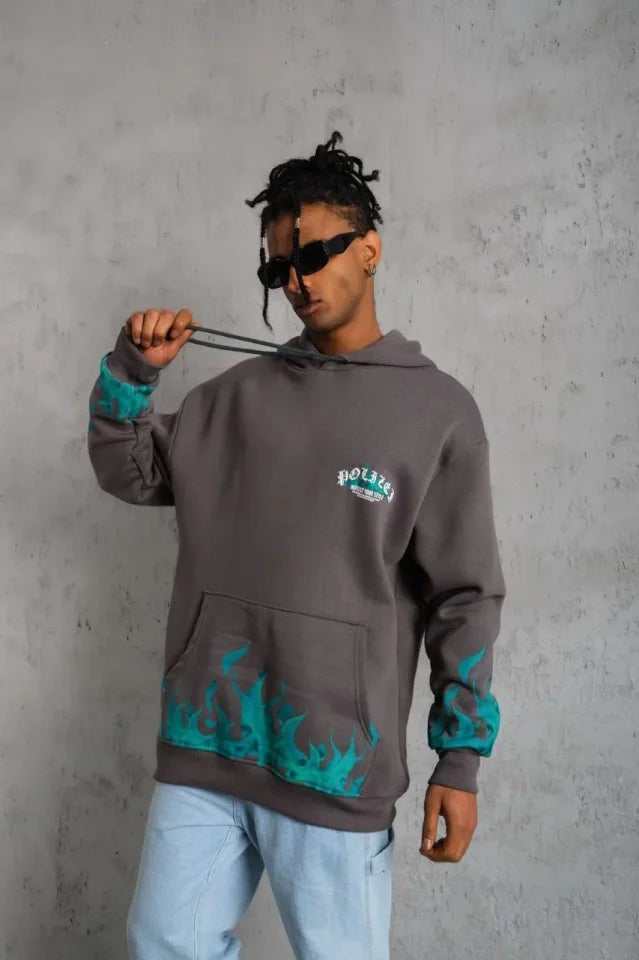 Erkek Üç İplik İçi Pamuklu Alev Baskılı Kapüşonlu Sweatshirt - Gri (180316)
