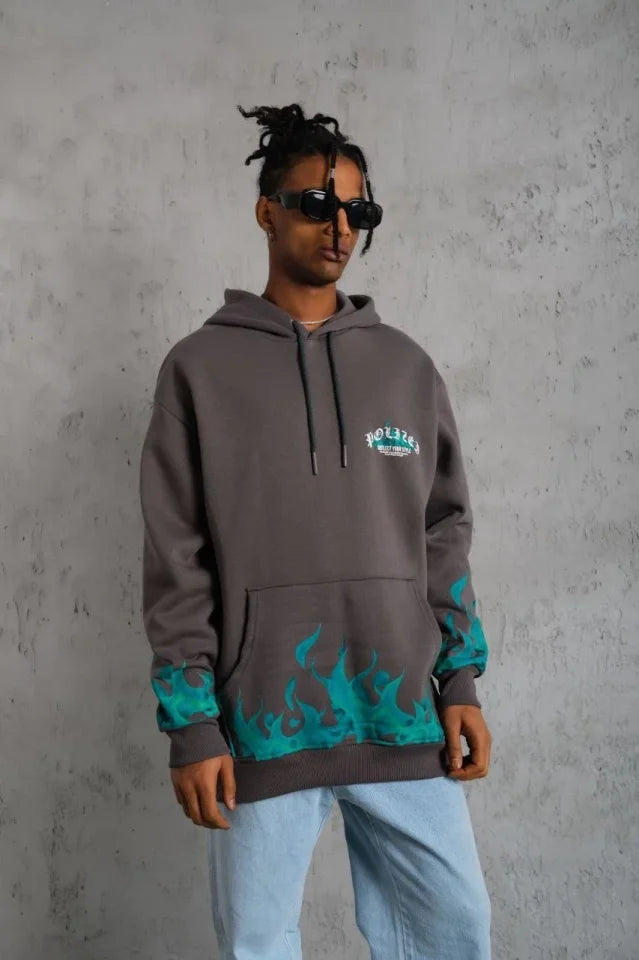 Erkek Üç İplik İçi Pamuklu Alev Baskılı Kapüşonlu Sweatshirt - Gri (180316)