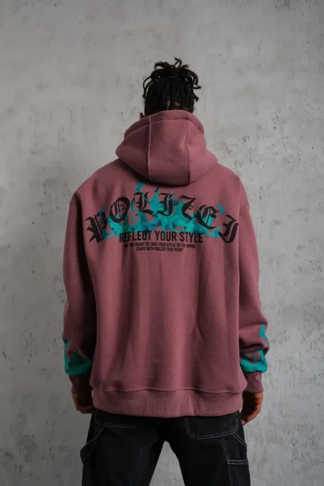 Erkek Üç İplik Içi Pamuklu Alev Baskılı Kapüşonlu Sweatshirt - Gül Kurusu (180317)