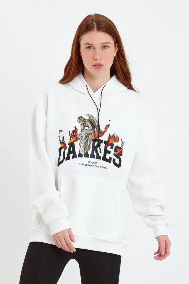 DANKES Baskılı Kapüşonlu Sweat - Beyaz (180329)