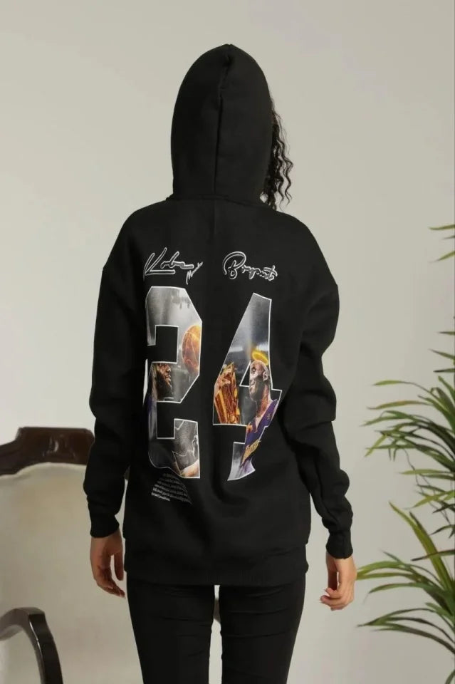Baskılı Oversize Üç İplik Kapüşonlu Sweatshirt - Siyah (180334)