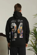 Erkek Baskılı Oversize Üç İplik Kapüşonlu Sweatshirt - Siyah (180336)