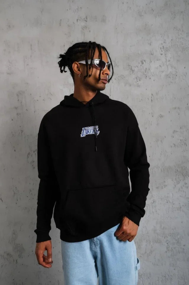 Erkek Baskılı Oversize Üç İplik Kapüşonlu Sweatshirt - Siyah (180336)