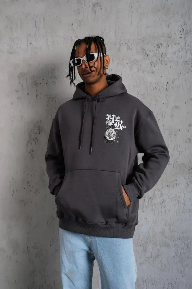 Erkek Baskılı Kapşonlu Sweat - Füme (180353)