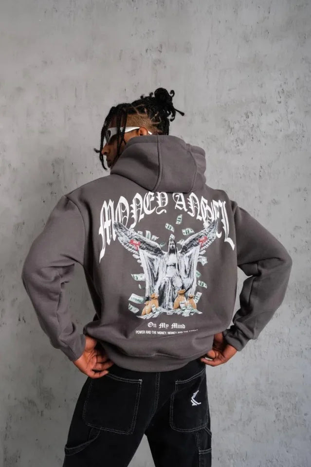 Erkek Kordon İpli Baskılı Kapüşonlu Sweatshirt - Füme (180385)