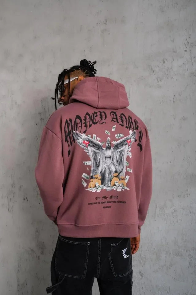 Erkek Kordon İpli Baskılı Kapüşonlu Sweatshirt - Gül Kurusu (180386)