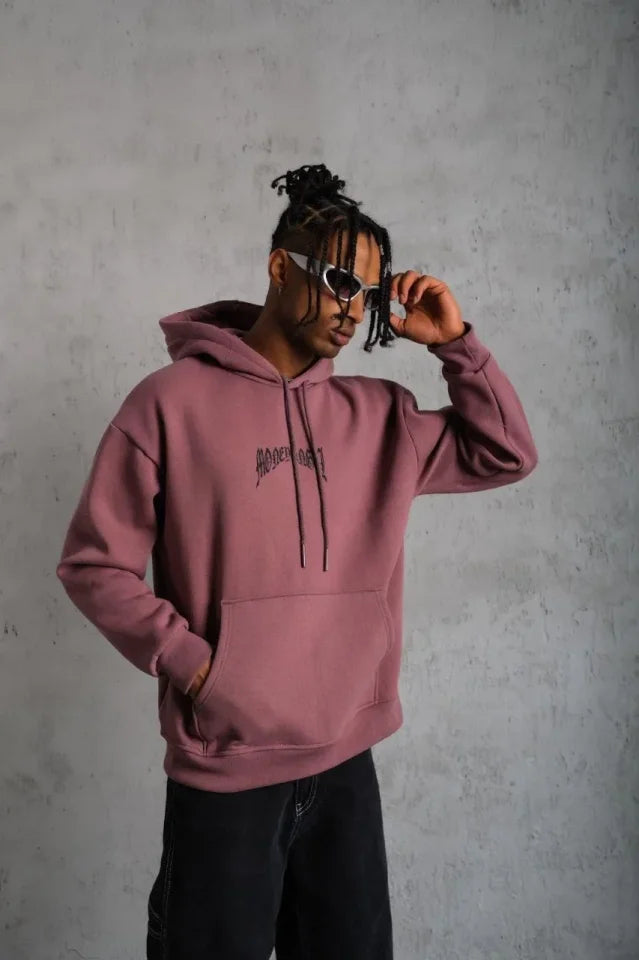 Erkek Kordon İpli Baskılı Kapüşonlu Sweatshirt - Gül Kurusu (180386)