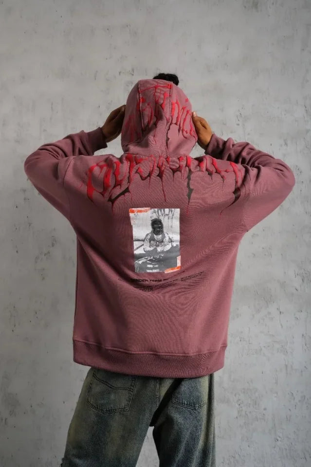 Erkek Ön Ve Arka Baskılı Kapüşonlu 3 İplik Sweatshirt - Gül Kurusu (180387)