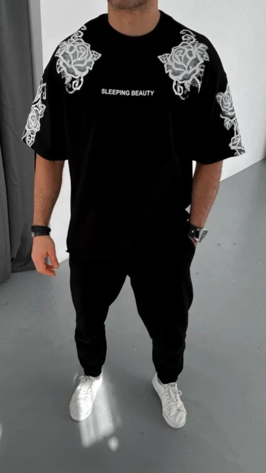 Unisex Flok Kabartma Baskılı T-Shirt - Siyah (180457)