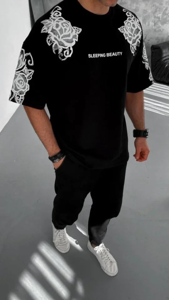 Unisex Flok Kabartma Baskılı T-Shirt - Siyah (180457)