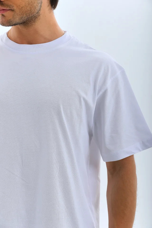 Unisex Oversize Düz Bisiklet Yaka T-Shirt - Beyaz (180461)