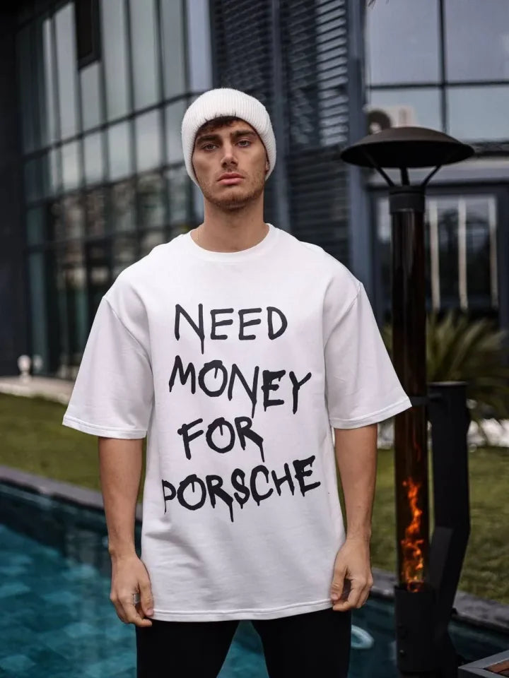 Unisex Bisiklet Yaka Baskılı Oversize T-Shirt - Beyaz (180508)