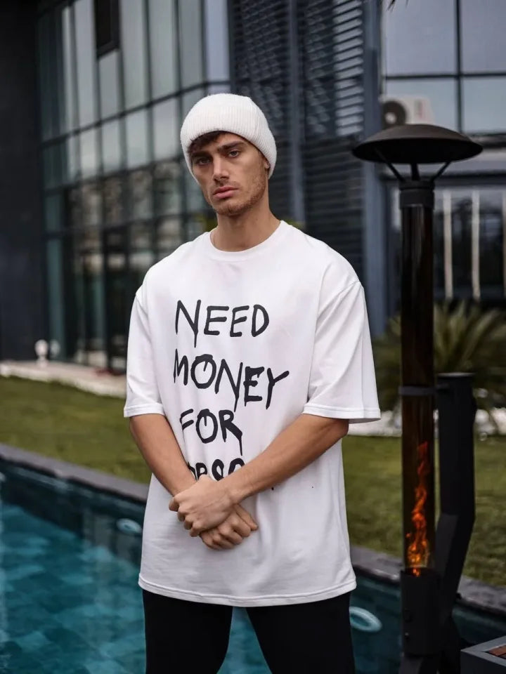 Unisex Bisiklet Yaka Baskılı Oversize T-Shirt - Beyaz (180508)