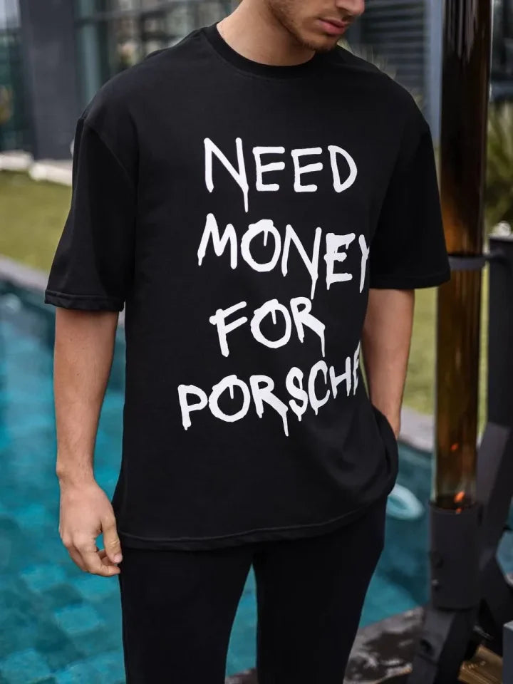 Unisex Bisiklet Yaka Baskılı Oversize T-Shirt - Siyah (180509)