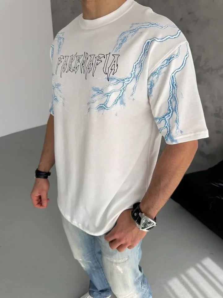 Unisex Bisiklet Yaka Baskılı Oversize T-Shirt - Beyaz (180524)