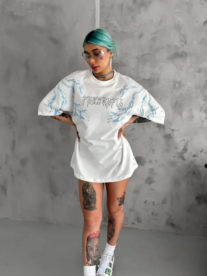 Unisex Bisiklet Yaka Baskılı Oversize T-Shirt - Beyaz (180525)