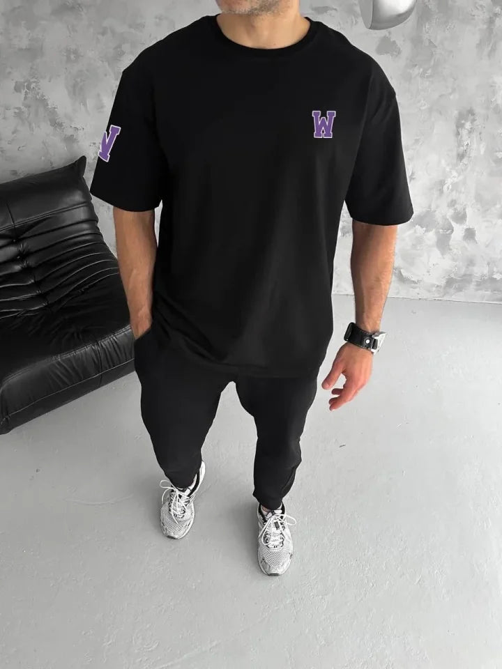 Unisex Bisiklet Yaka Baskılı Oversize T-Shirt - Siyah (180598)